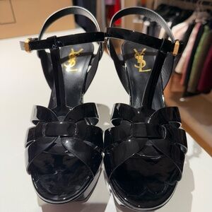 Authentic YSL Tribute Platform Heel Sandals Size 39 Black Patent Leather